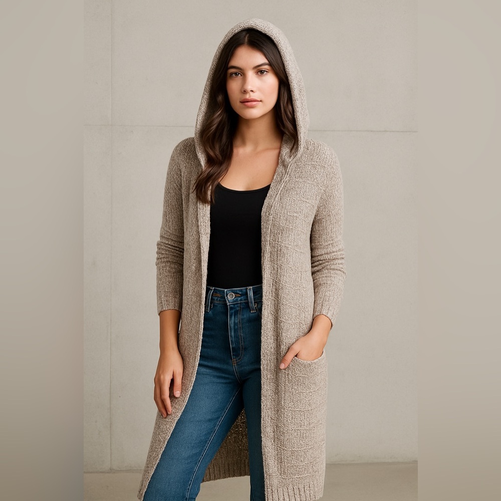 If It Were Me Cotton Blend Tan Knit Longline Hooded Cardigan Sweater Small